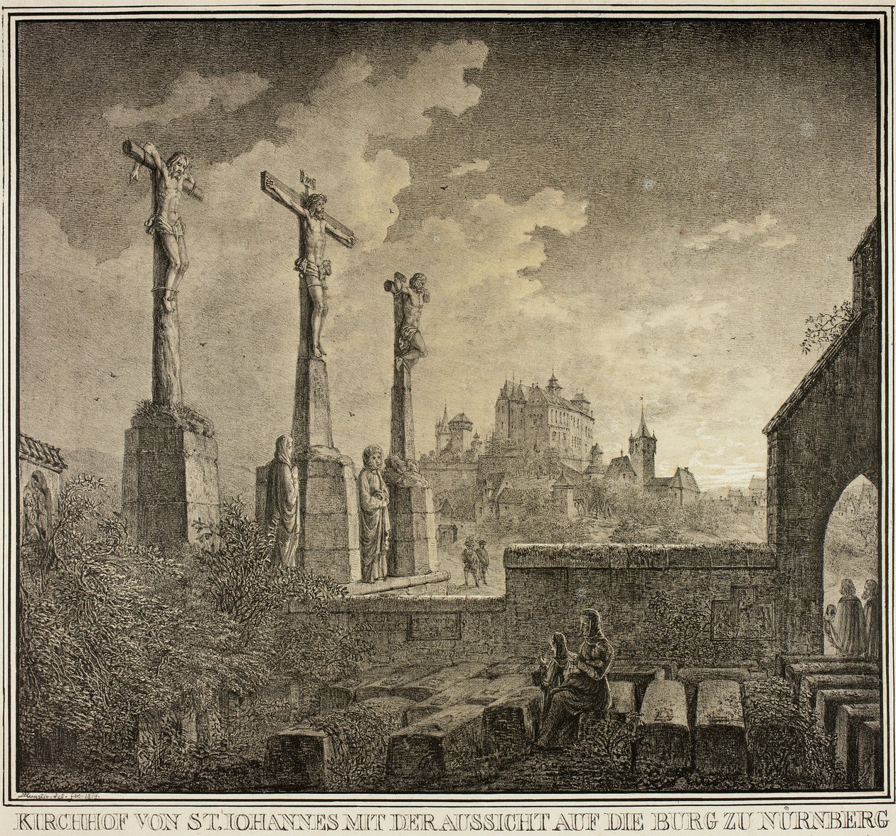 Sint-Janskerkhof met uitzicht op de stad Neurenberg, uit de collectie gedenkwaardige middeleeuwse gebouwen in Duitsland door Domenico Quaglio