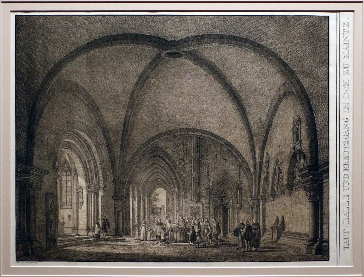 Domenico quaglio II, doopvont en kloostergang van de Dom van Mainz, uit de collectie gedenkwaardige middeleeuwse gebouwen in Duitsland, 1823, litho door Domenico Quaglio the Younger