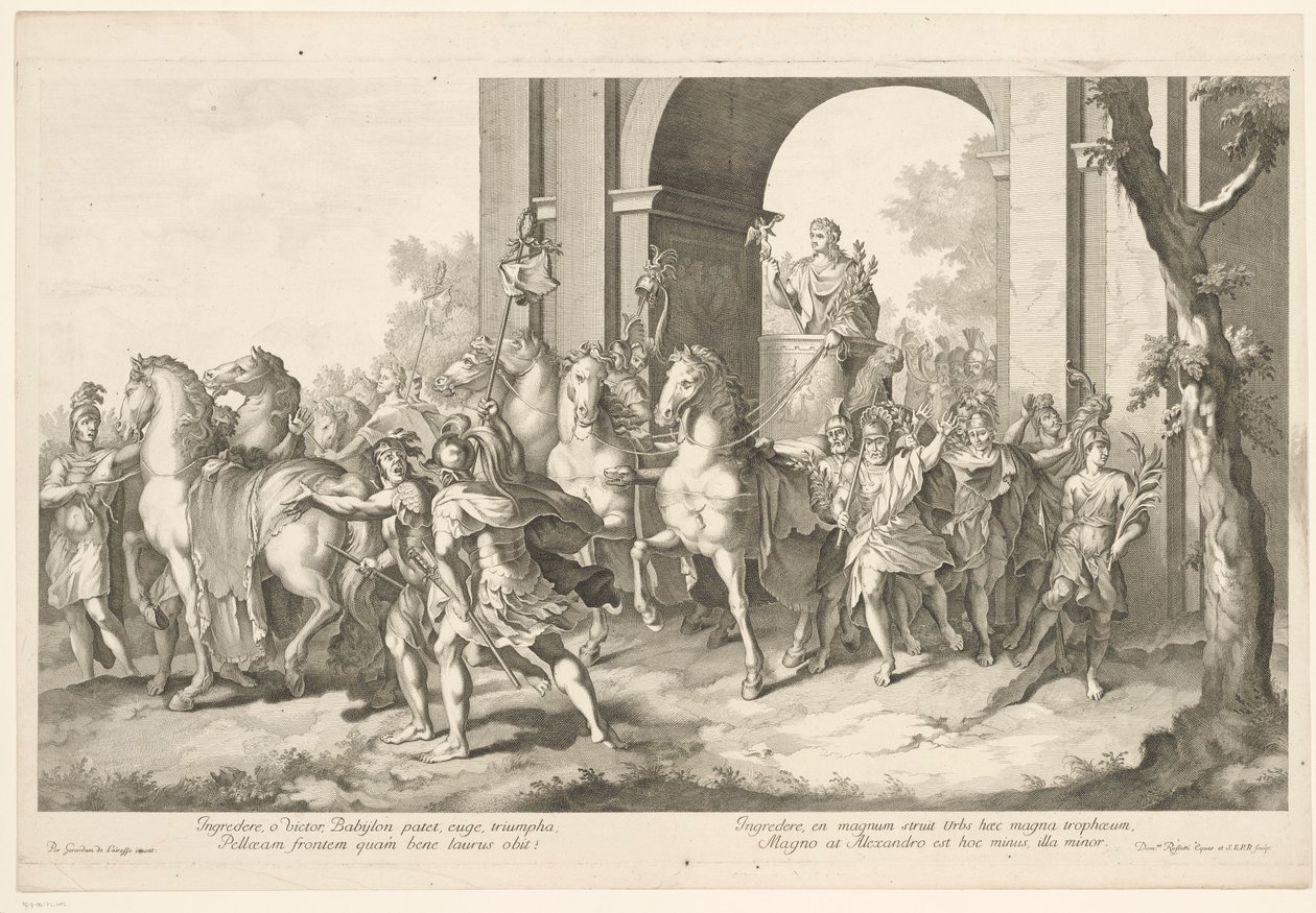 Militaire stoet met Alexander de Grote op triomfwagen (Triomftocht van Alexander de Grote in Babylon) door Domenico Rossetti