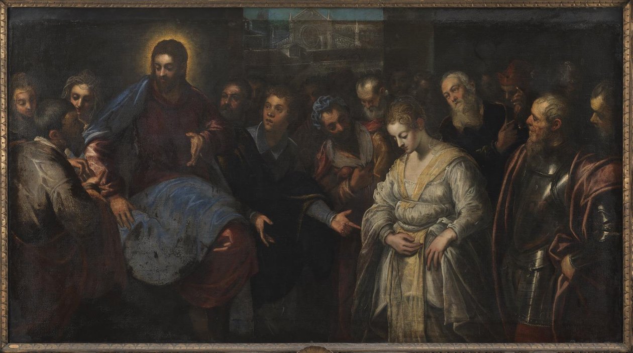 Christus en de overspelige vrouw door Domenico Tintoretto