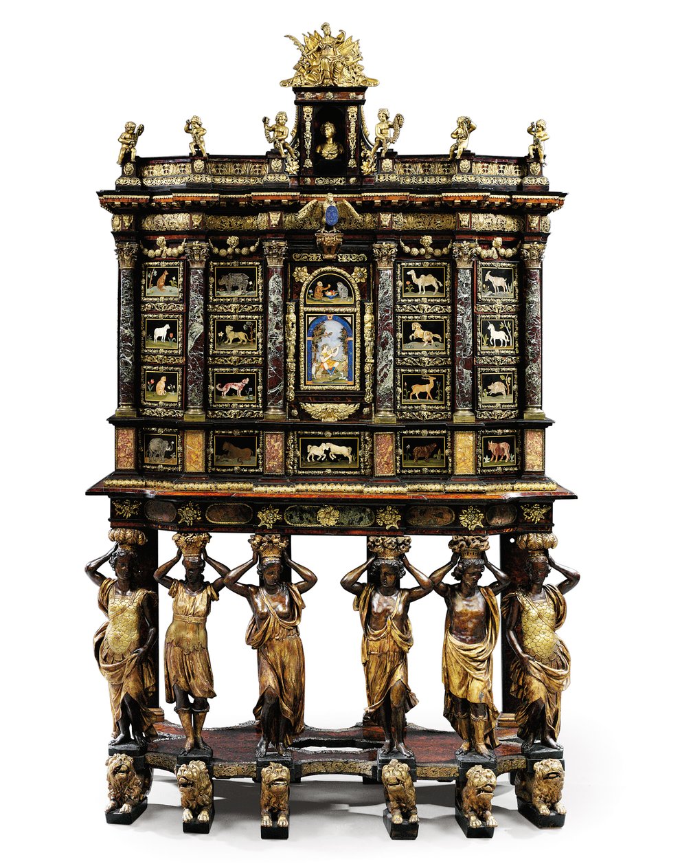 Louis XIV kabinet-op-stand (verguld brons, pietra dura, schildpad, es, gezwart & gedeeltelijk verguld) door Domenico and Gobelins workshop (attr. to) Cucci
