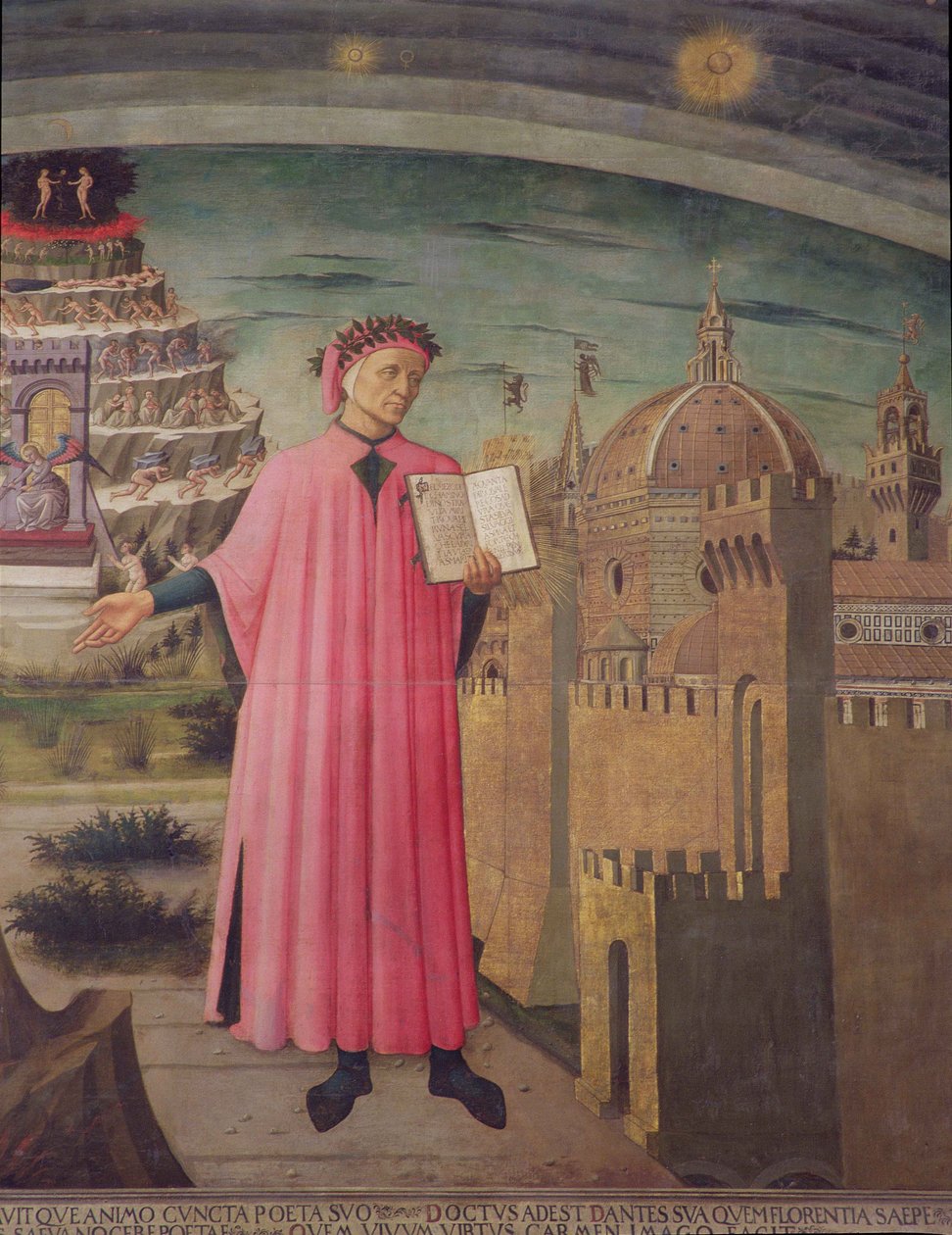 Dante leest uit de Goddelijke Komedie (detail) door Domenico di Michelino