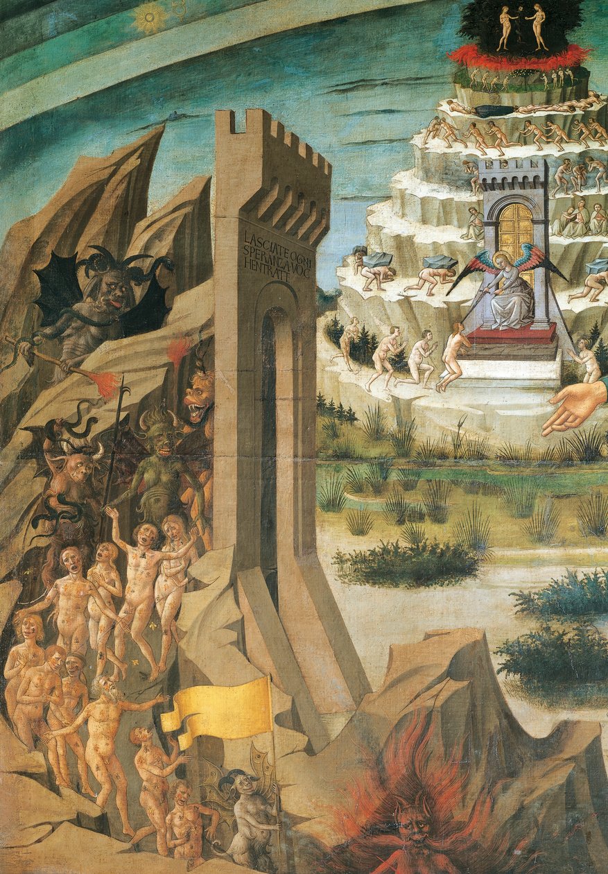 Figuren van verdoemden, detail (uit Dante met Goddelijke Komedie), fresco door Domenico di Michelino, Kathedraal van Santa Maria del Fiore, Florence, Italië door Domenico di Michelino