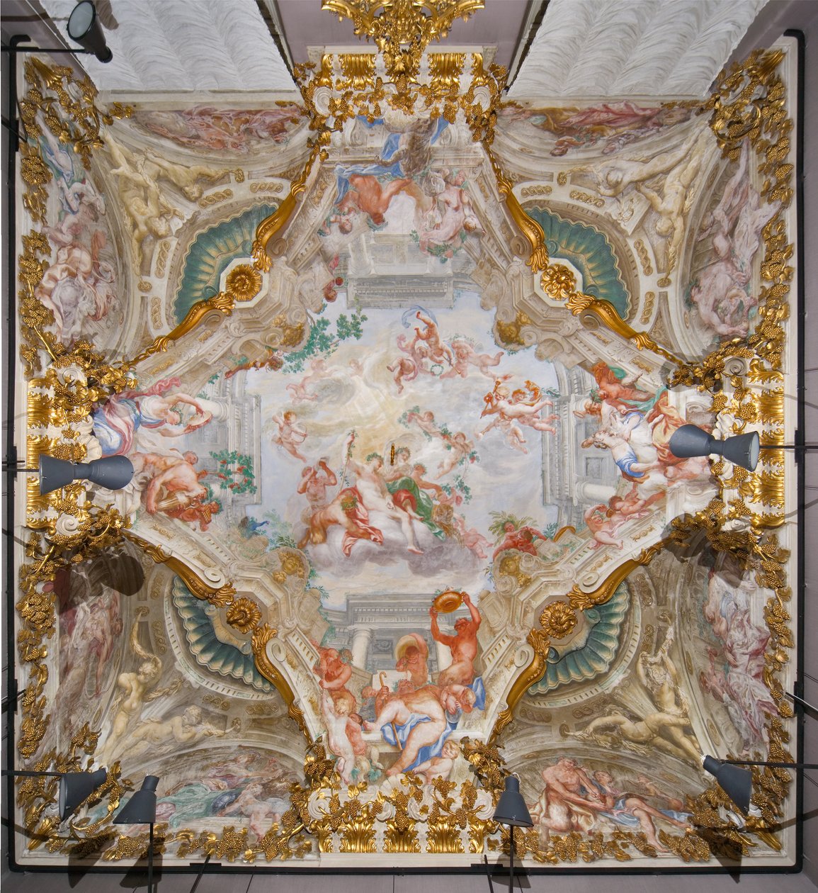 Plafond met de allegorie van de herfst, Bacchus, Hal van de Herfst door Domenico the Elder Piola