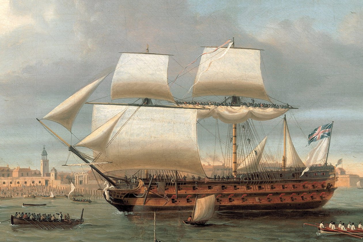 Foudroyant en Pégase varen de haven van Portsmouth binnen, 1782 door Dominic Serres
