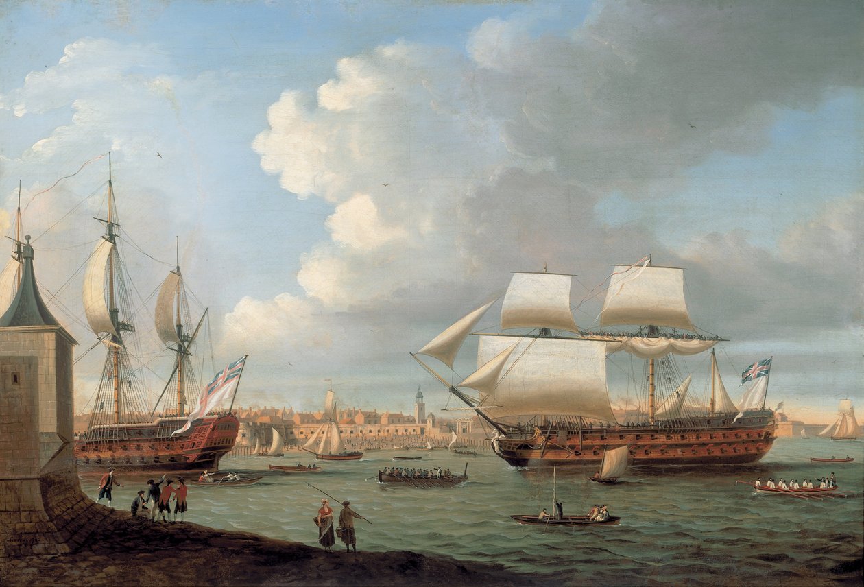 Foudroyant en Pégase varen de haven van Portsmouth binnen, 1782 door Dominic Serres