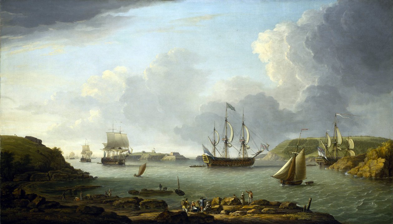 Terugkeer van een vloot naar Plymouth (Engeland), beschrijving van de stad en de baai, inclusief Drake Island en Edgcumbe Mountain door Dominic Serres
