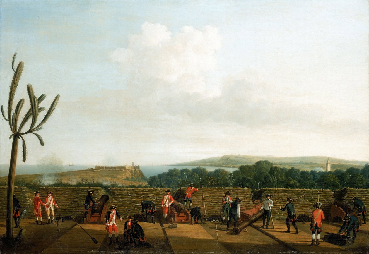 Zevenjarige Oorlog (1756-1763): De verovering van Havana (Cuba) in 1762, de Britse kanonbatterij voor het Morro-kasteel, geïnstalleerd op een houten platform, met een beschermende borstwering, de kanonniers zijn gekleed in blauw, aan de horizon, het Morro- door Dominic Serres