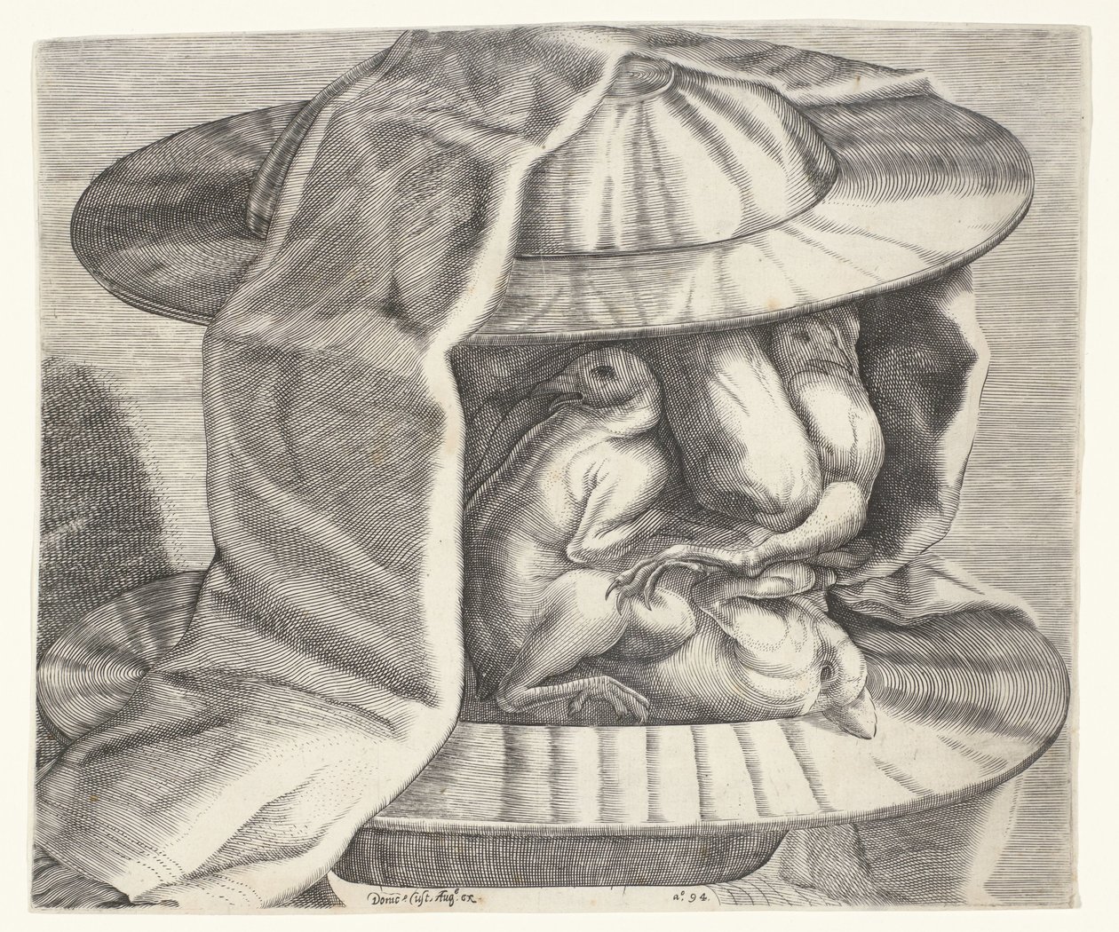 Een groteske kop met helm in de stijl van Arcimboldo door Dominicus Custos