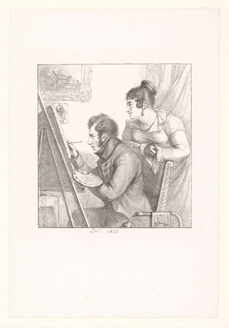 Zelfportret van de kunstenaar in actie met toekijkende vrouw door Dominique Vivant Denon (baron)