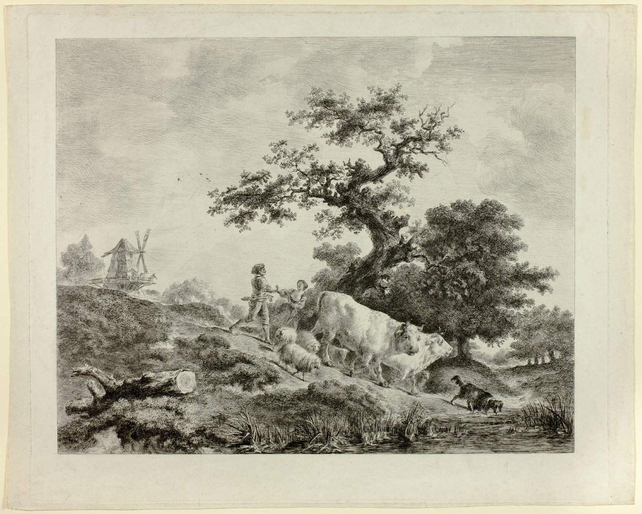 Landschap met windmolen, jonge man en meisje, en twee ossen door Dominique Vivant Denon