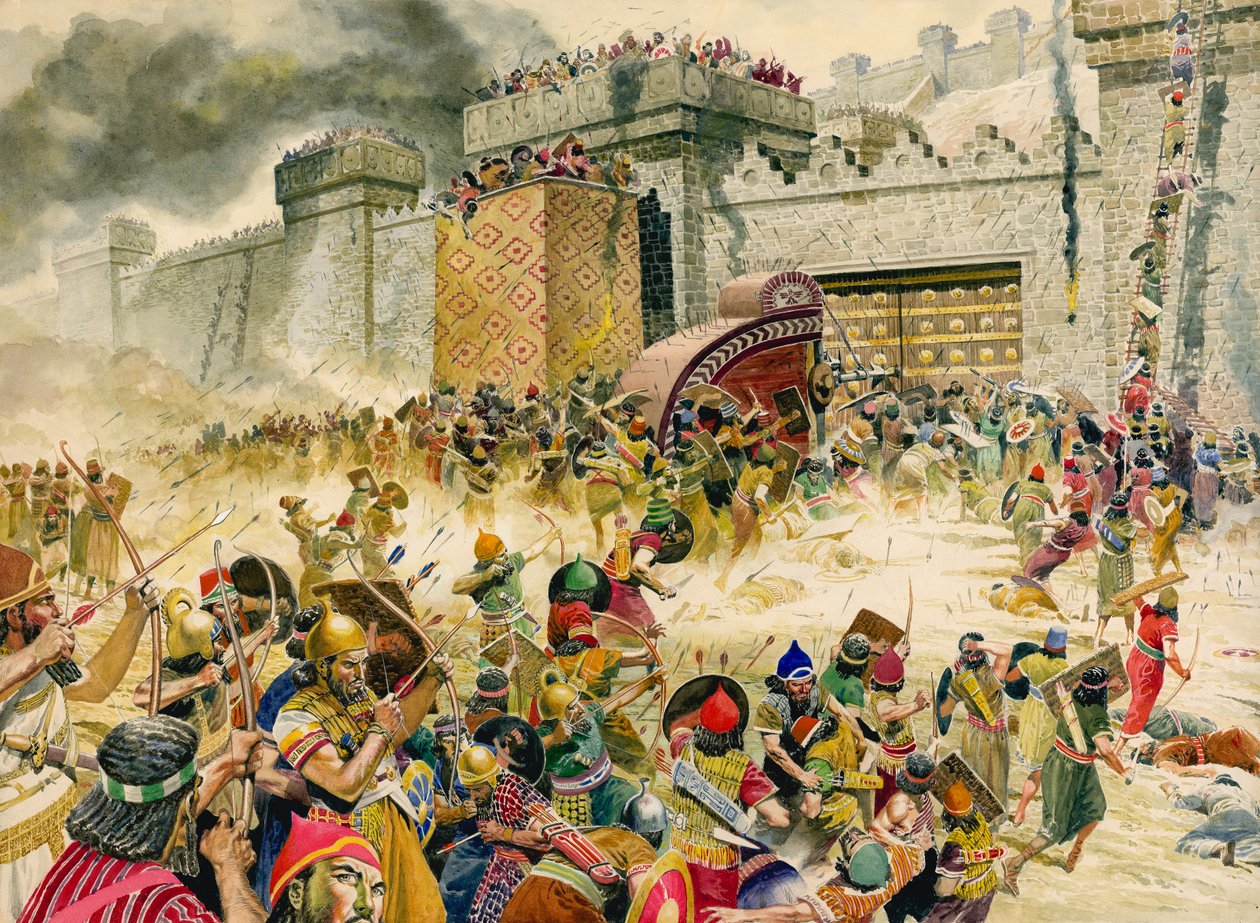 Samaria, vestingstad van Israël, ten prooi gevallen aan de Assyriërs (gouache op papier) door Don Lawrence