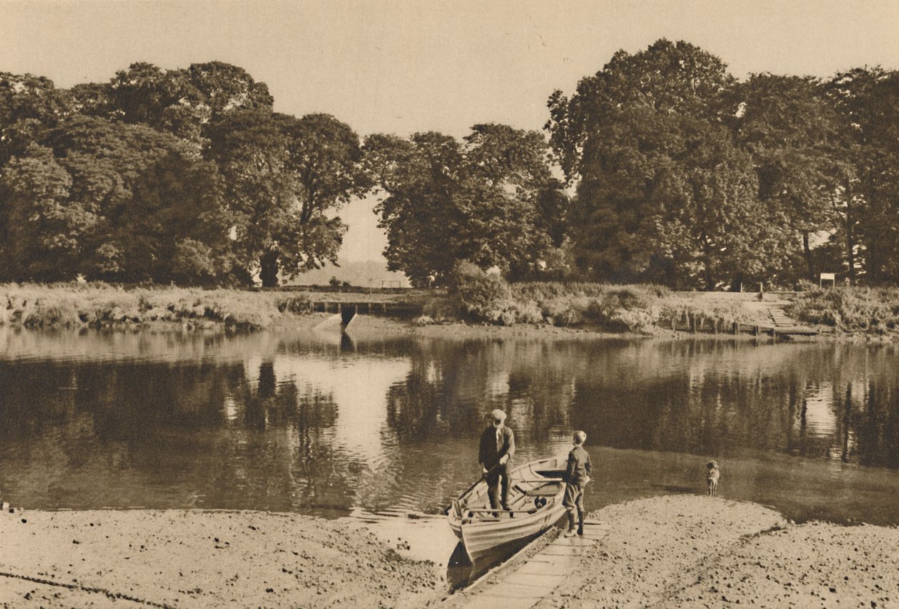 Londons rivier bij Isleworth Ferry kijkend naar de groene glades van Kew Gardens, ca. 1935 door Donald McLeish