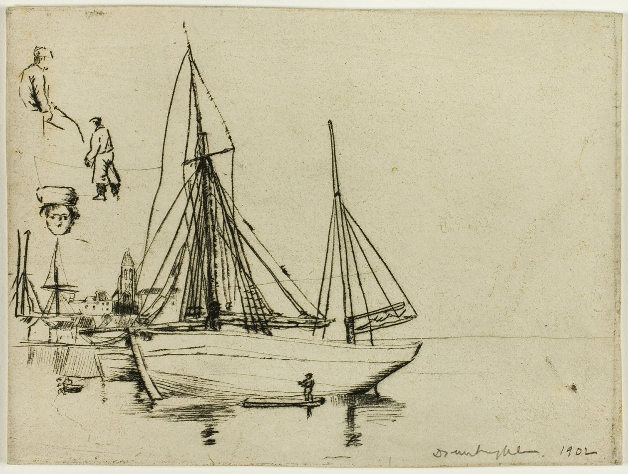 Schets van vissersboten en zeelieden door Donald Shaw MacLaughlan