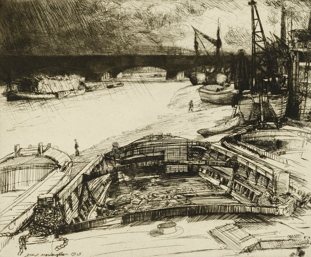 Wind en regen op de Theems door Donald Shaw MacLaughlan