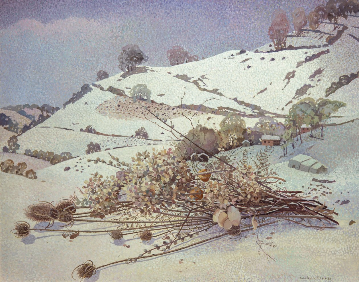 Besneeuwd landschap met stilleven van gedroogde bloemen door Donatella Merlo
