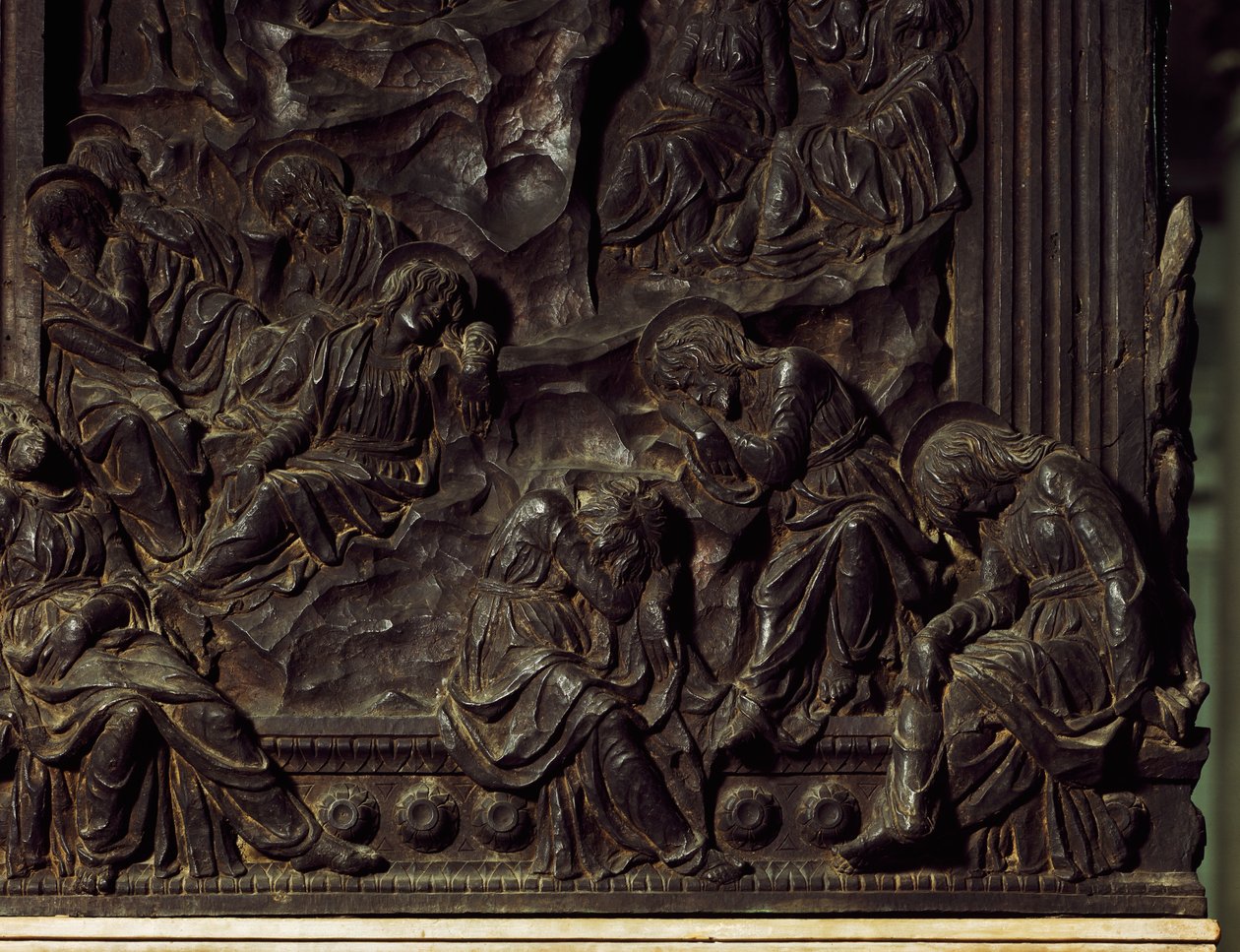 Aanbidding in de tuin, (detail) van linker preekstoel, door Donatello, Basiliek van Sint Laurentius, Florence, Italië door Donatello