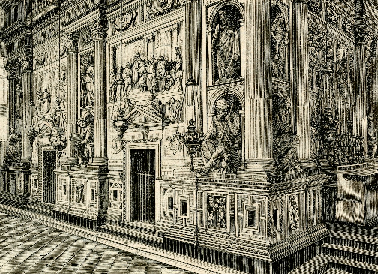 Marmeren scherm van Heilige Huis, ontworpen door Donato Bramante, Heiligdom van Heilige Huis, Loreto, Marche, Italië door Donato Bramante