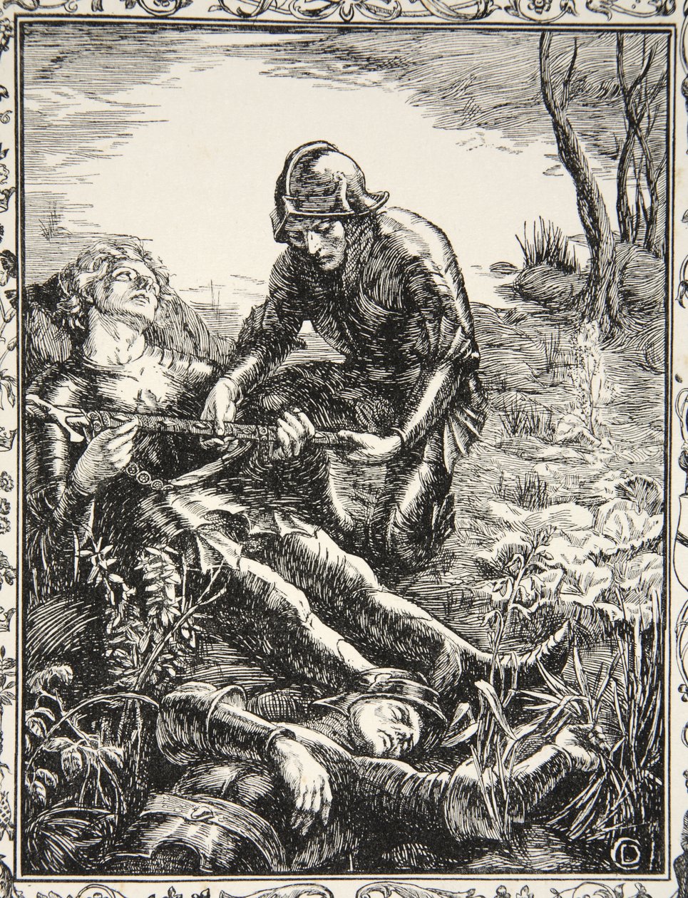 Arthur geeft Excalibur aan Sir Bedevere, illustratie uit 