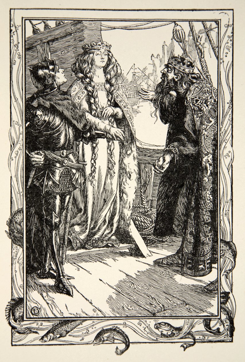 Koning Anguish geeft Isolt aan Sir Tristram, illustratie uit 