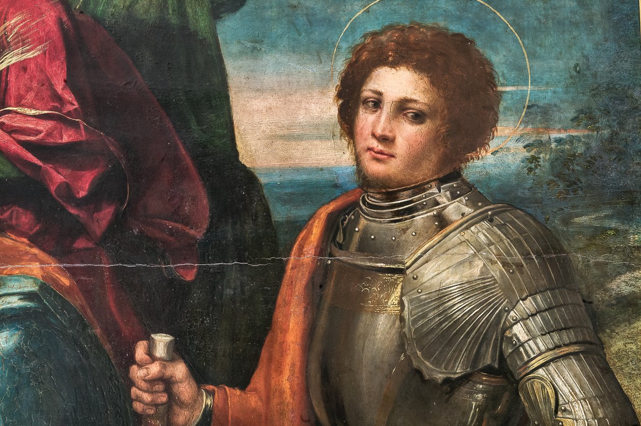 Madonna met het Kind Jezus en Sint-Sebastiaan en Sint-Joris (detail) door Dosso Dossi