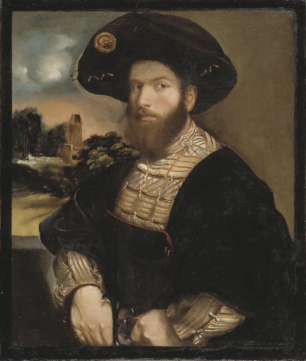 Portret van een man met een zwarte baret door Dosso Dossi