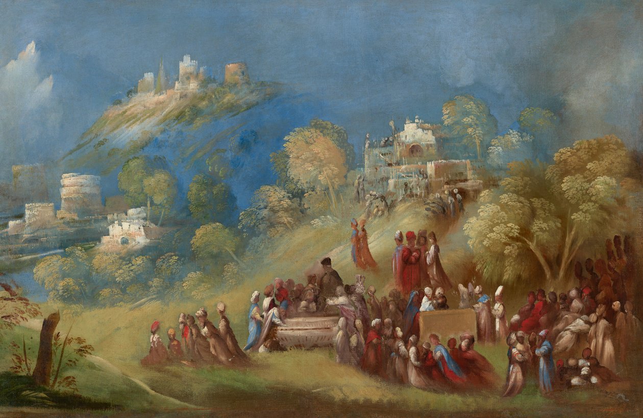 De Trojanen bouwen de Venustempel en offeren bij het graf van Anchises op Sicilië, ca.1520 (olieverf op doek) door Dosso Dossi