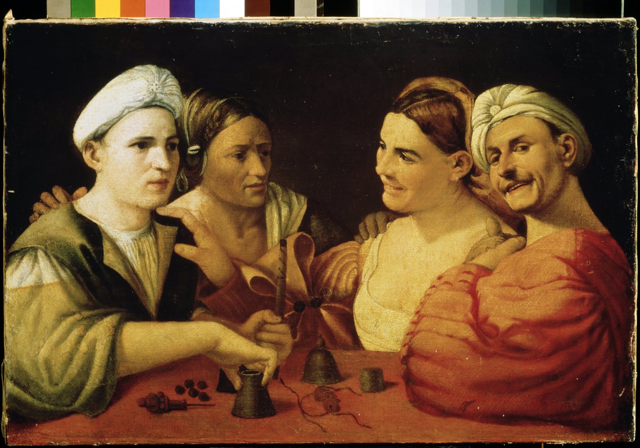 De illusionisten. Een stel charlatans die hun slachtoffers bedriegen met magische kubussen. door Dosso Dossi