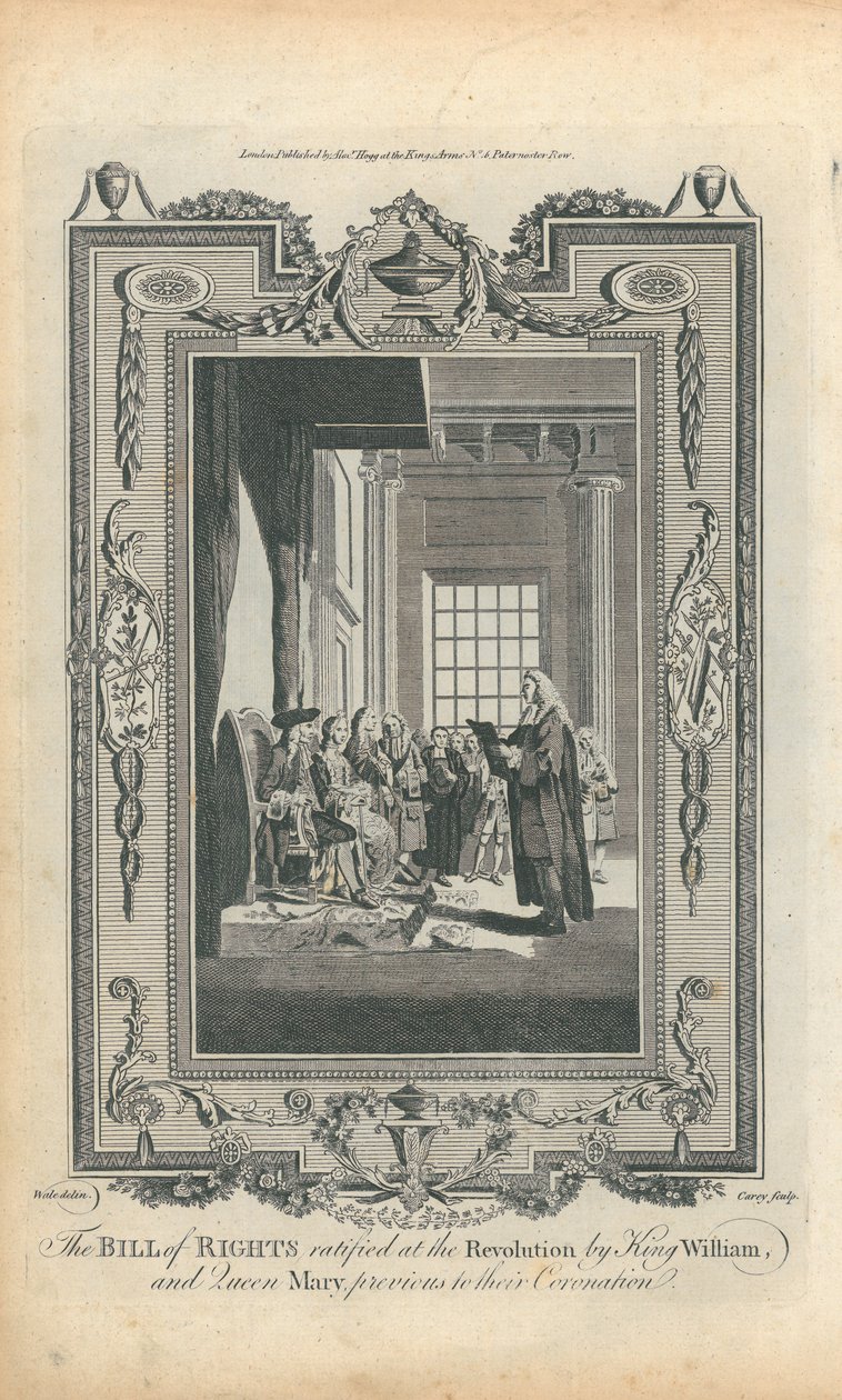 De Bill of Rights geratificeerd bij de Revolutie door Koning Willem en Koningin Mary, voorafgaand aan hun kroning door Samuel Wale