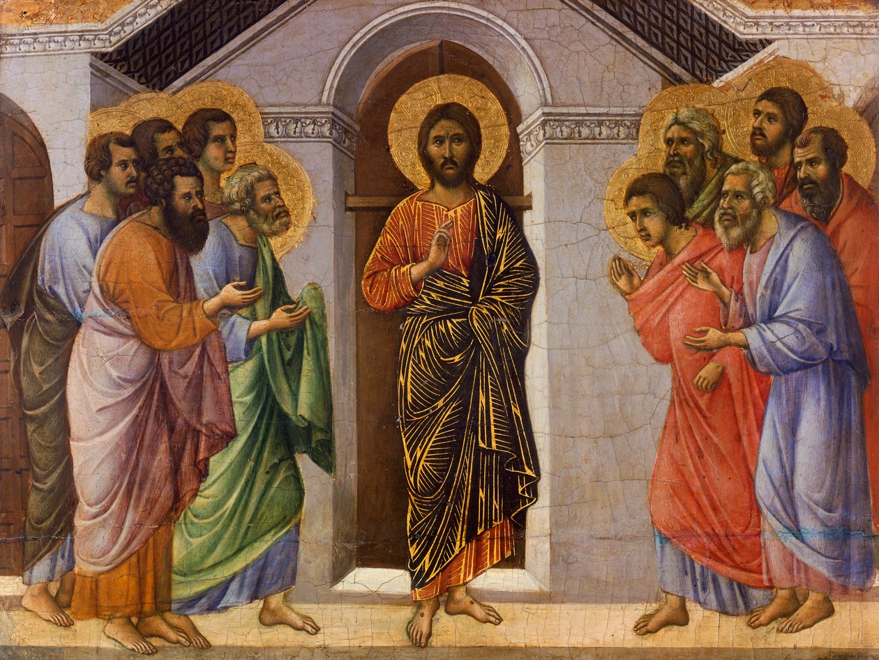 Christus verschijnt aan apostelen achter gesloten deuren, detail van Episodes van Christus
