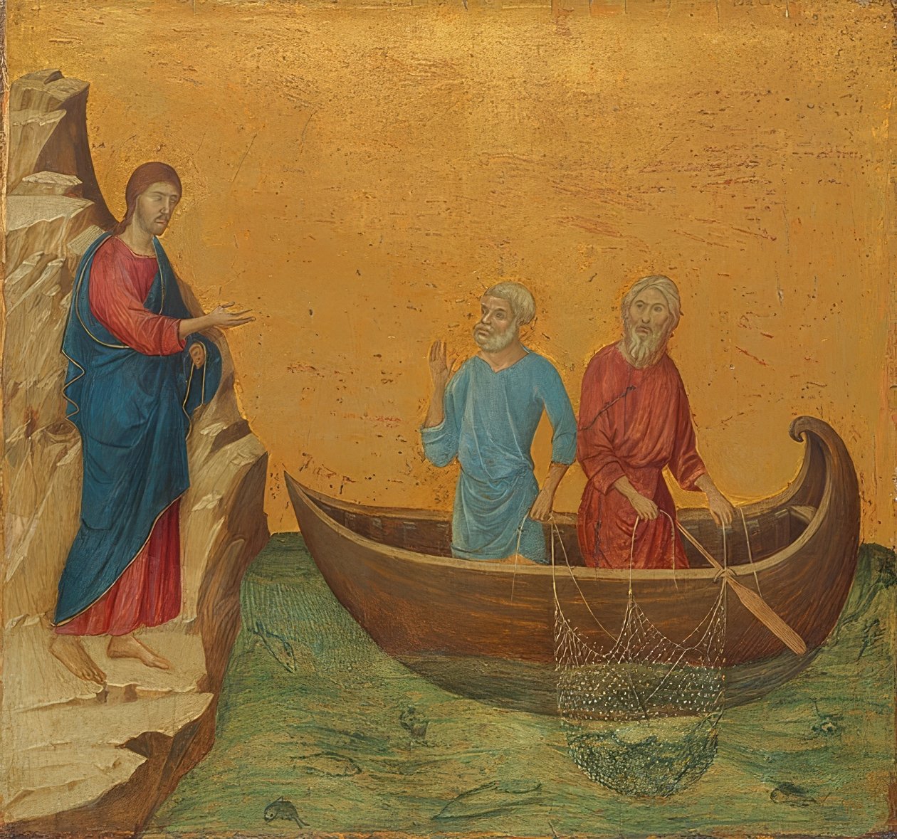 De wonderbaarlijke visvangst en de roeping van de apostelen Petrus en Andreas. 1308-11 door Duccio di Buoninsegna