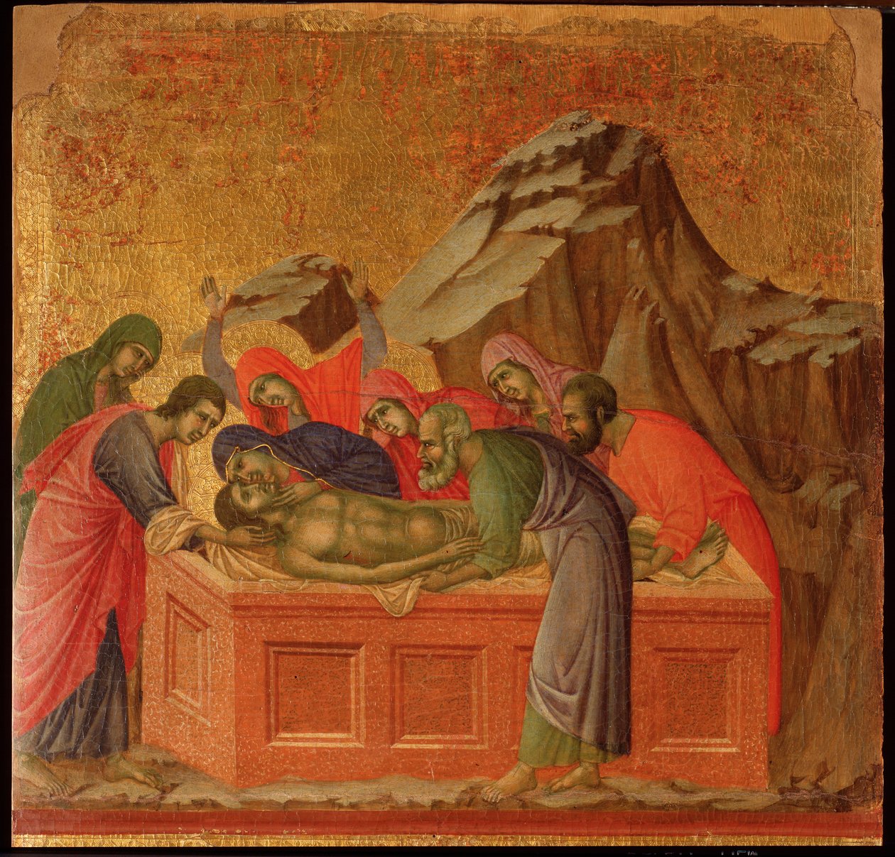 Passie: de graflegging. Maesta altaarstuk (tempera en goud op hout) door Duccio di Buoninsegna