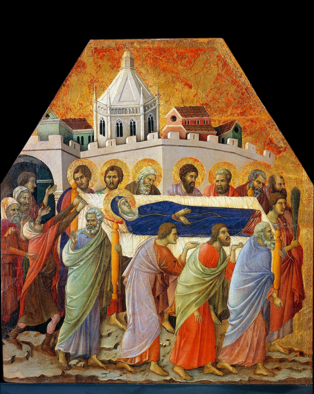 De begrafenis van de Maagd, Sint Jan met de palm opent de weg door Duccio di Buoninsegna