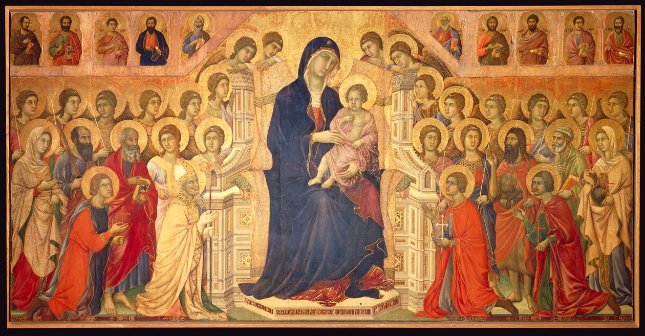 Maagd op de troon met Kind, omringd door Engelen en Heiligen, centraal paneel van de Maesta door Duccio di Buoninsegna
