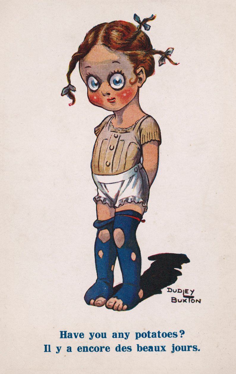Meisje vraagt om aardappelen (kleurenlitho) door Dudley Buxton