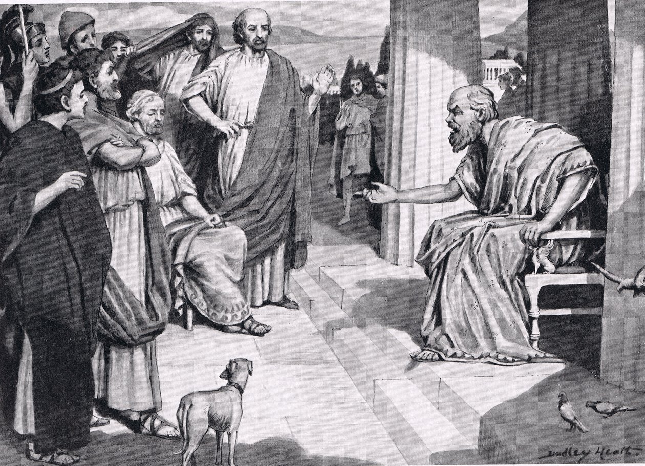 Socrates spreekt de Atheners toe, illustratie uit Hutchinsons Geschiedenis van de Naties, 1915 door Dudley Heath