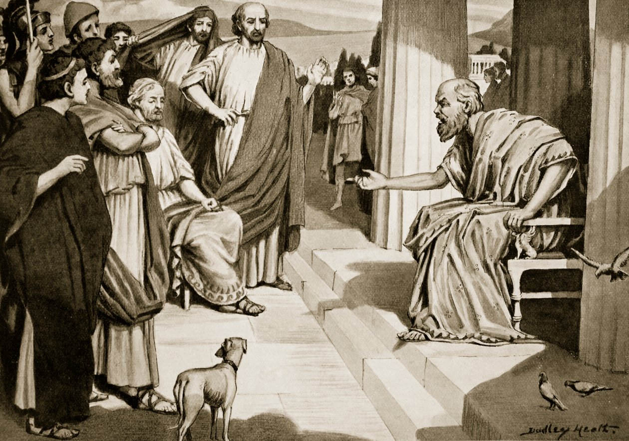 Socrates spreekt de Atheners toe, illustratie uit 