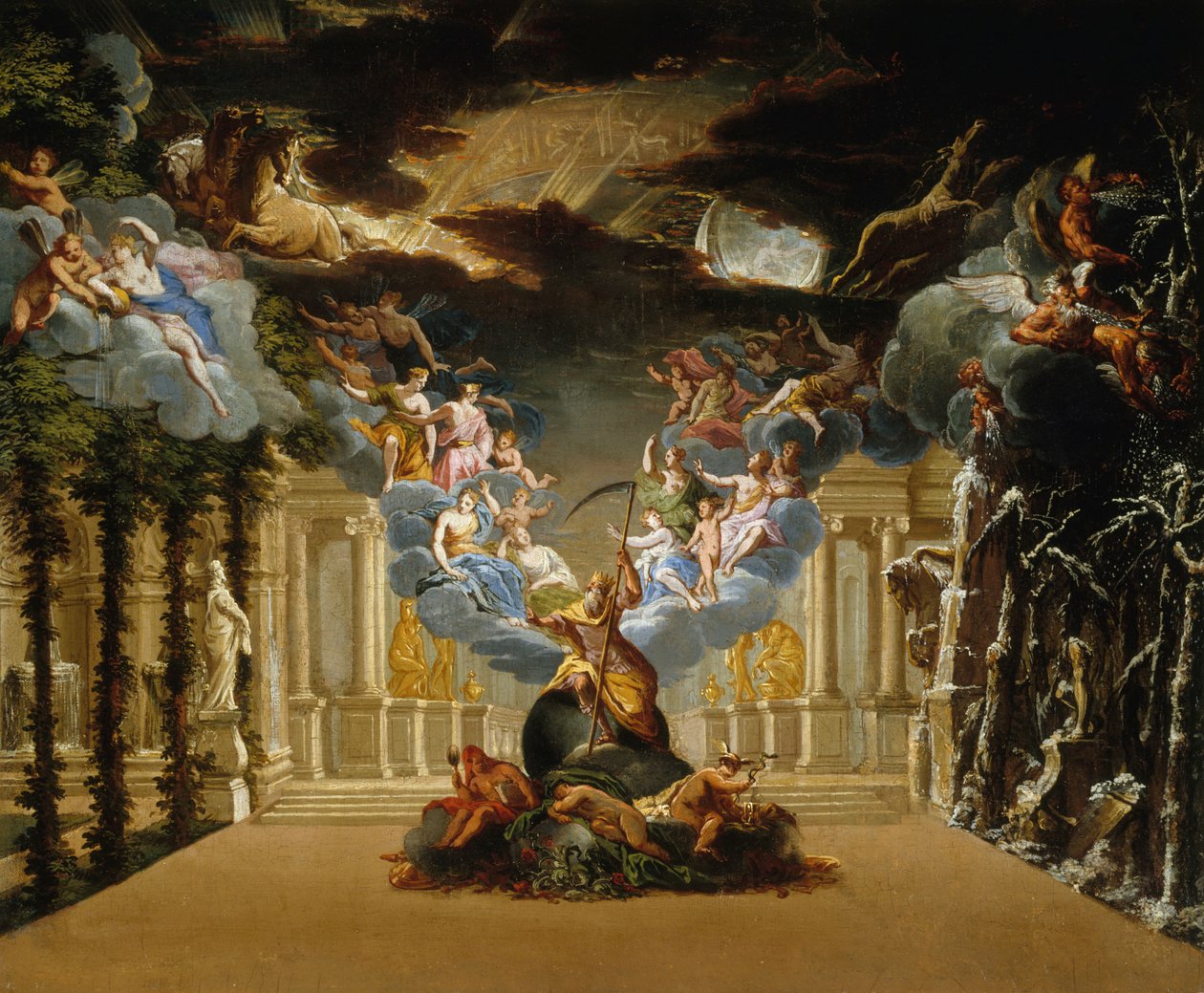 Toneelontwerp voor de Proloog van de Tragédie lyrique Atys door Jean-Baptiste Lully, ca. 1708 door Duplessis
