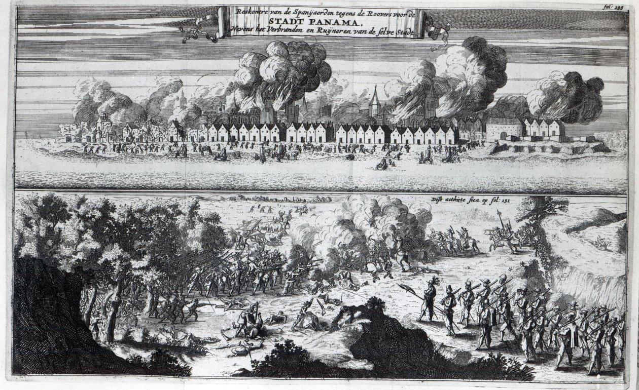 Slag tussen de zeerovers en de Spanjaarden tijdens de aanval op Panama in 1671 door Dutch School