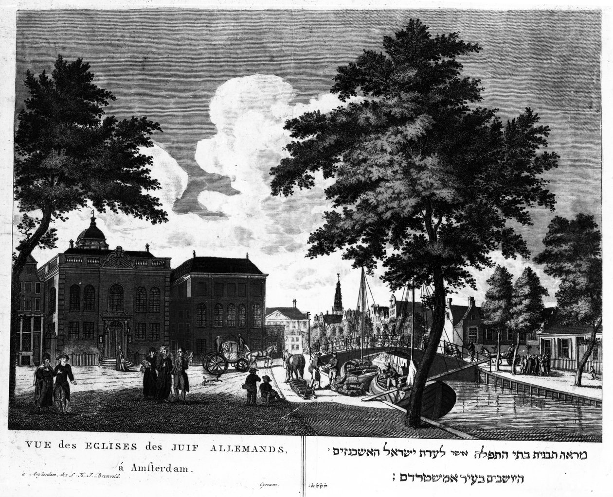 Zicht op de synagogen voor Duitse Joden in Amsterdam door Dutch School