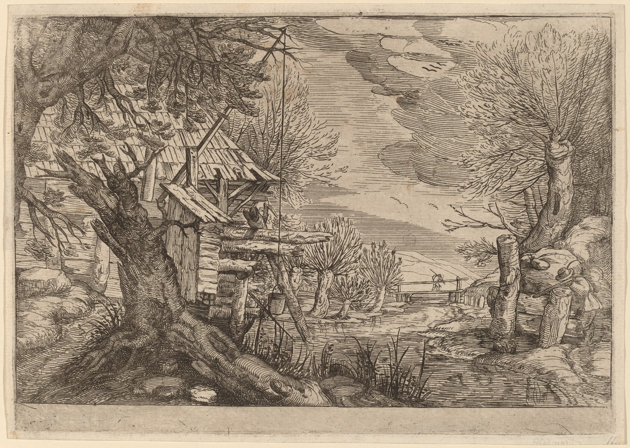 Landschap met Blokhut bij een Rivier door Dutch 17th Century, formerly Jacques de Gheyn II