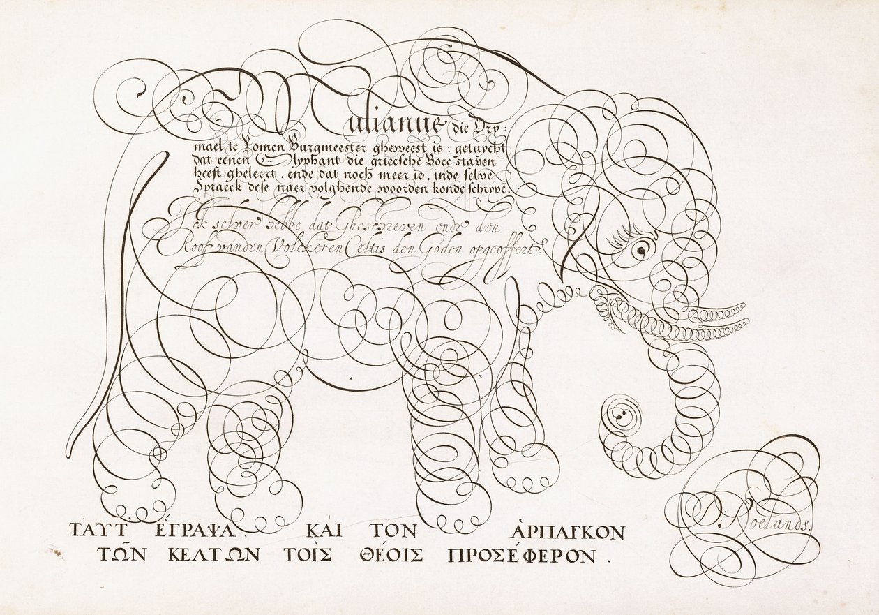 Een kalligrafisch ontwerp van een olifant, 1616-1617 en eind 17e eeuw door Dutch School