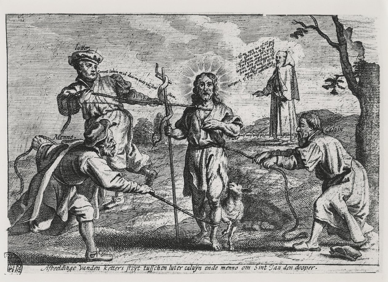 Karikatuur van Luther, Calvijn en Menno Simons die Christus en zijn leer betwisten door Dutch School