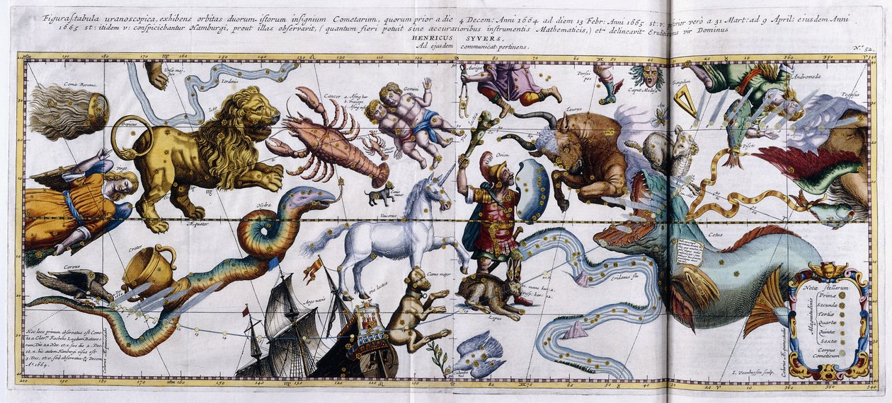 Hemelkaart van de sterrenbeelden: Orion, Taurus, Aries, Pisces etc, 1666-1668 door Dutch School