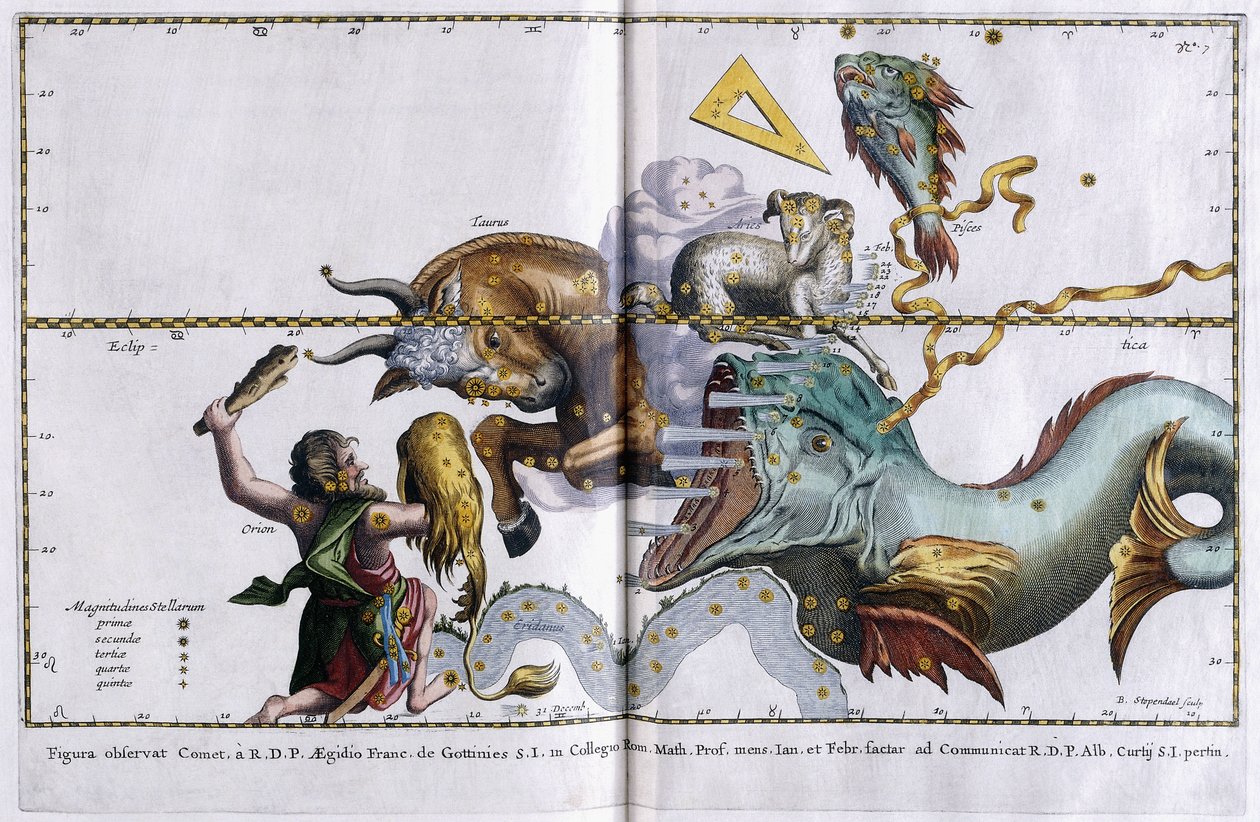 Hemelkaart van de sterrenbeelden: Orion, Stier, Ram en Vissen, 1666-1668 door Dutch School