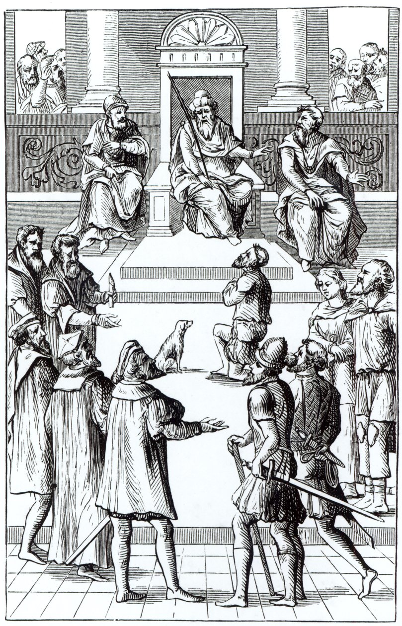 Bekentenis voor herstel voor het tribunaal, naar een houtsnede in Praxis Rerum Criminalium door Joos de Damhouder, gepubliceerd Antwerpen, 1556 door Dutch School