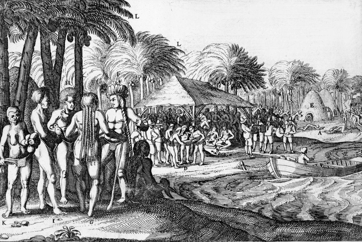 Nederlandse handelaren vermaken lokale Polynesiërs door Dutch School