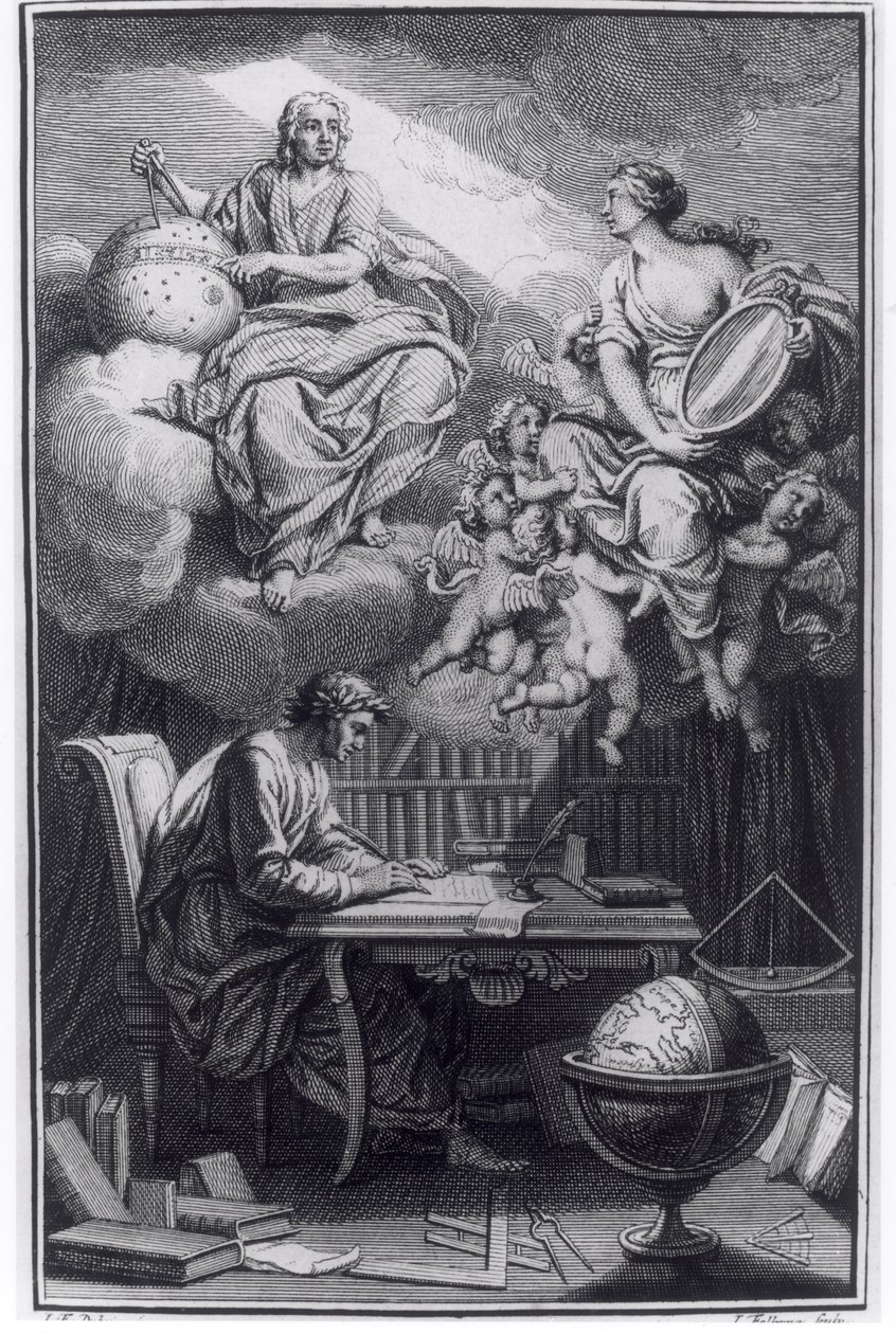 Frontispice van Elemens de la Philosophie de Neuton door Voltaire (1694-1778) gepubliceerd in Amsterdam, 1738 door Dutch School