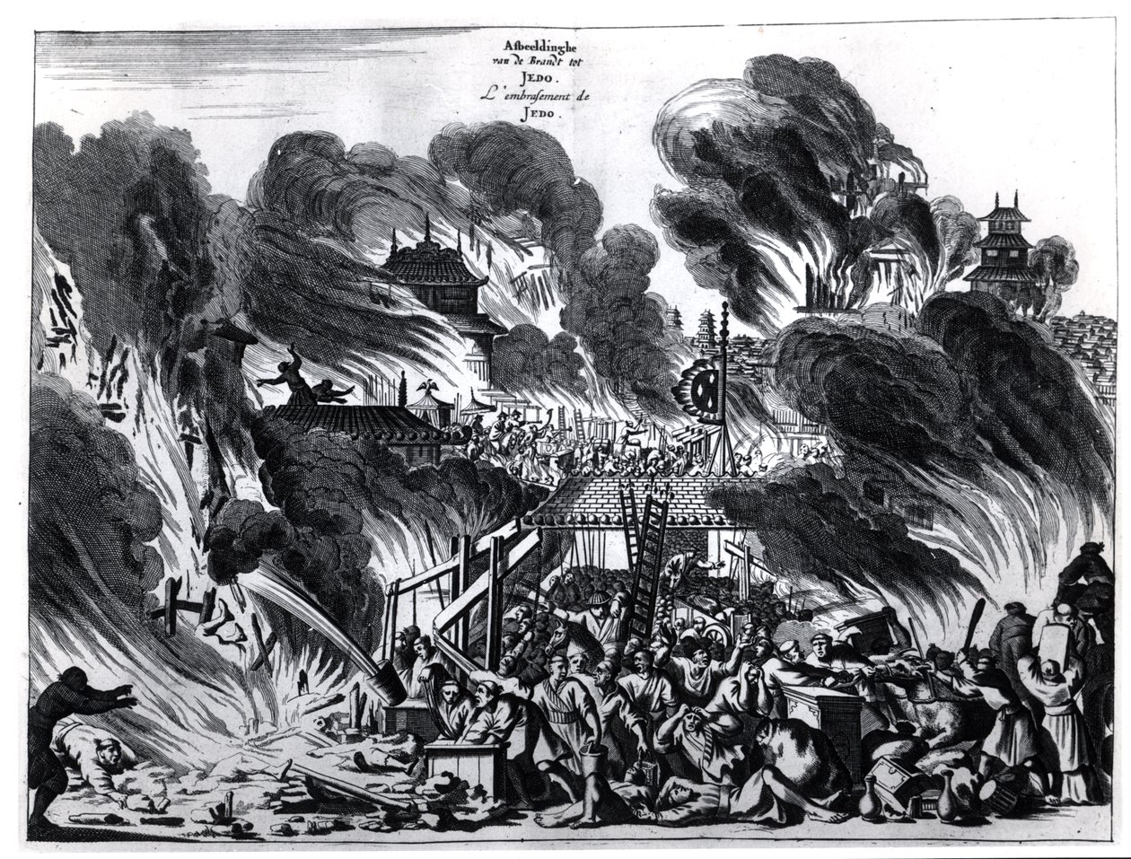 Grote Brand in Yedo (Tokio) in de 17e eeuw, illustratie uit het verslag door Arnold Montanus van ambassades gestuurd door de Nederlandse Oost-Indische Compagnie naar de Keizer van Japan, gepubliceerd in Amsterdam 1680 door Dutch School