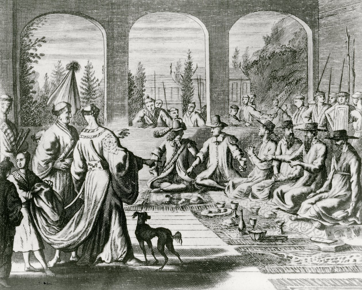 Jezuïeten met Nederlandse en Portugese kooplieden aan het Japanse hof, ca. 1670 (gravure) door Dutch School